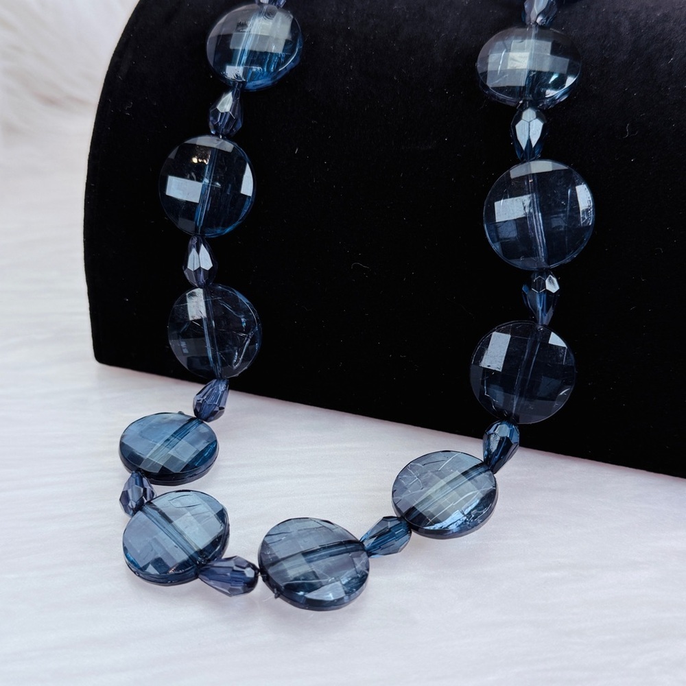 Vintage Smoky Blue Beaded Necklace Antique Bronze Toggle Clasp